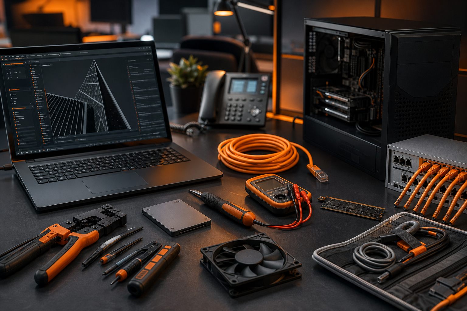 Mesa técnica com notebook, cabos de rede e peças de informática representando suporte da Leitech